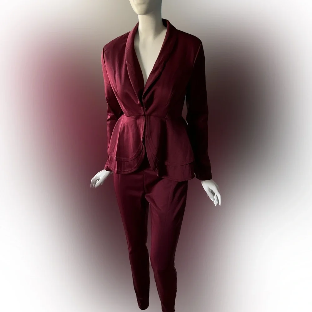 Burgundy Peplum Blazer and Slim Fit Trousers Pant Suit Set 2 Piece Maroon